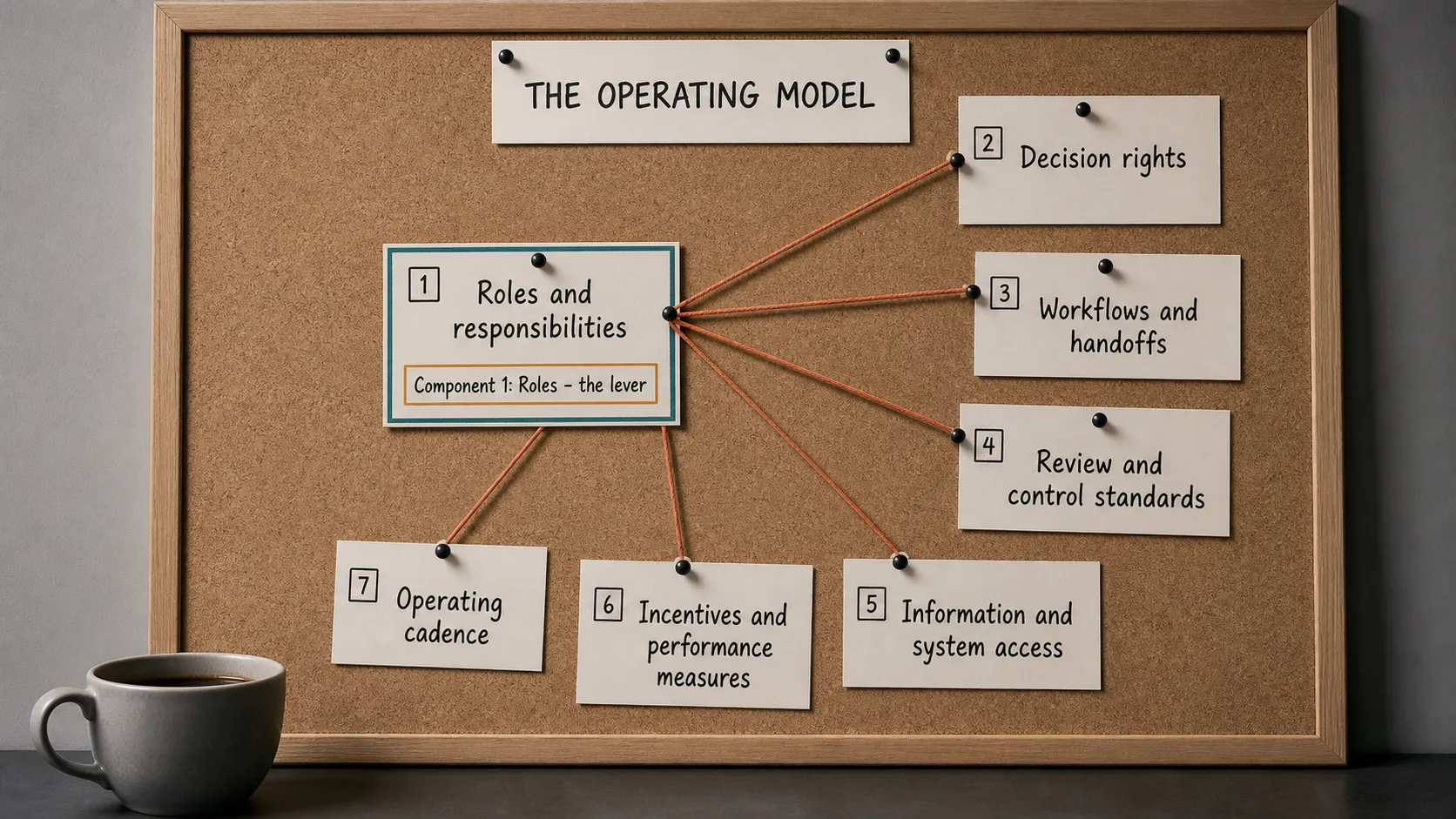 A cork board titled The Operating Model showing seven pinned component cards, with Roles and responsibilities as the entry-point card connected by string to the other six