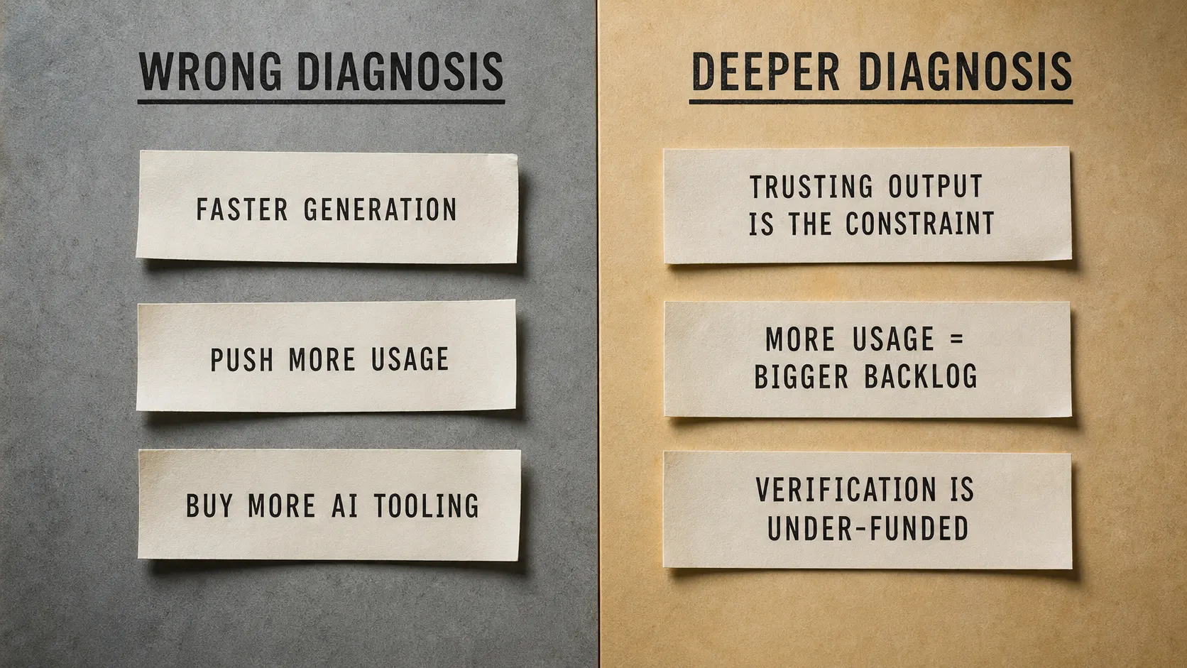 A two-column comparison of the wrong generation-side diagnosis against the deeper verification-side diagnosis of why AI delivery gains stall