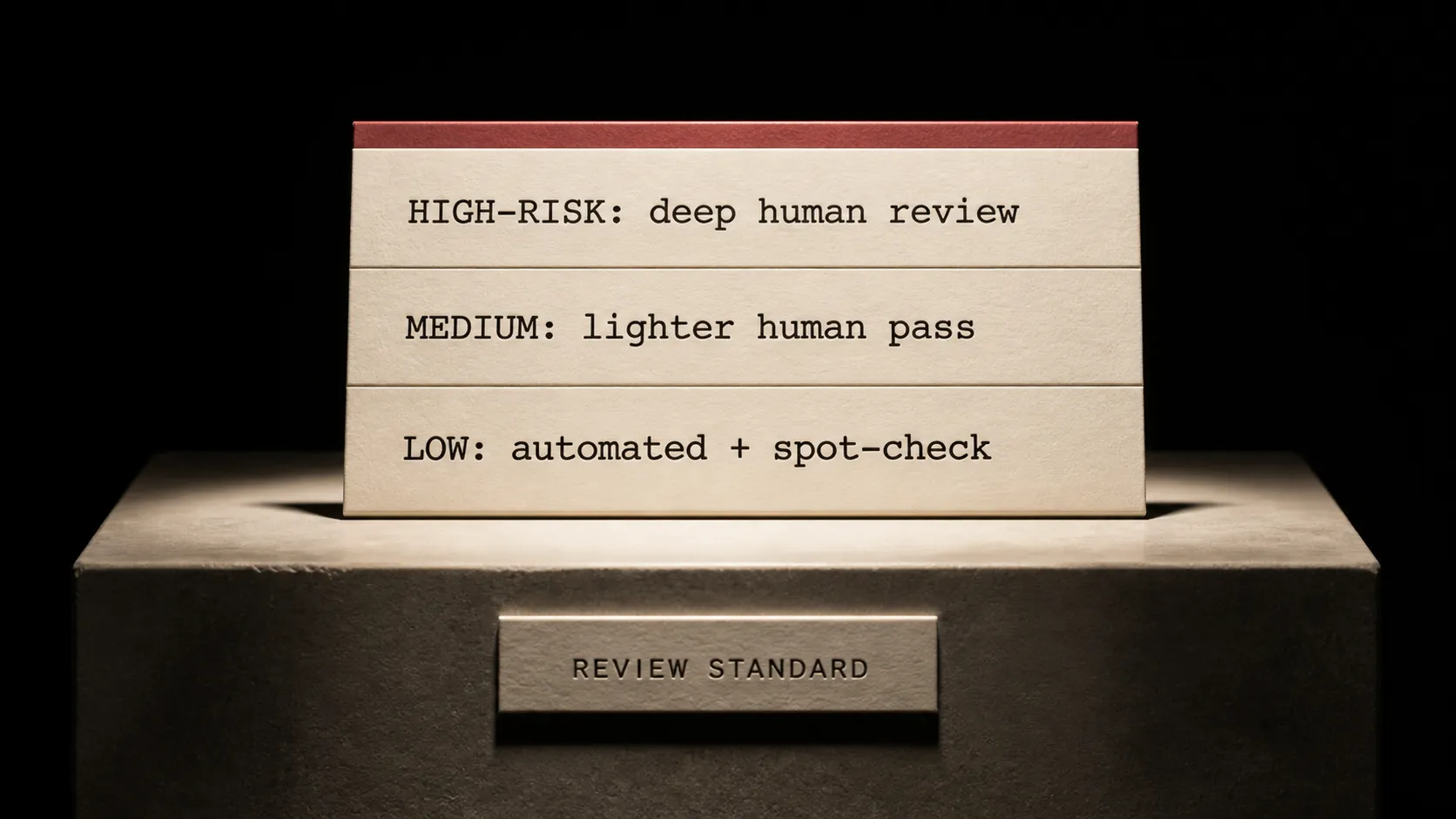 A tiered code-review standard card on a museum plinth labelled REVIEW STANDARD, listing three rows: HIGH-RISK deep human review, MEDIUM lighter human pass, LOW automated plus spot-check