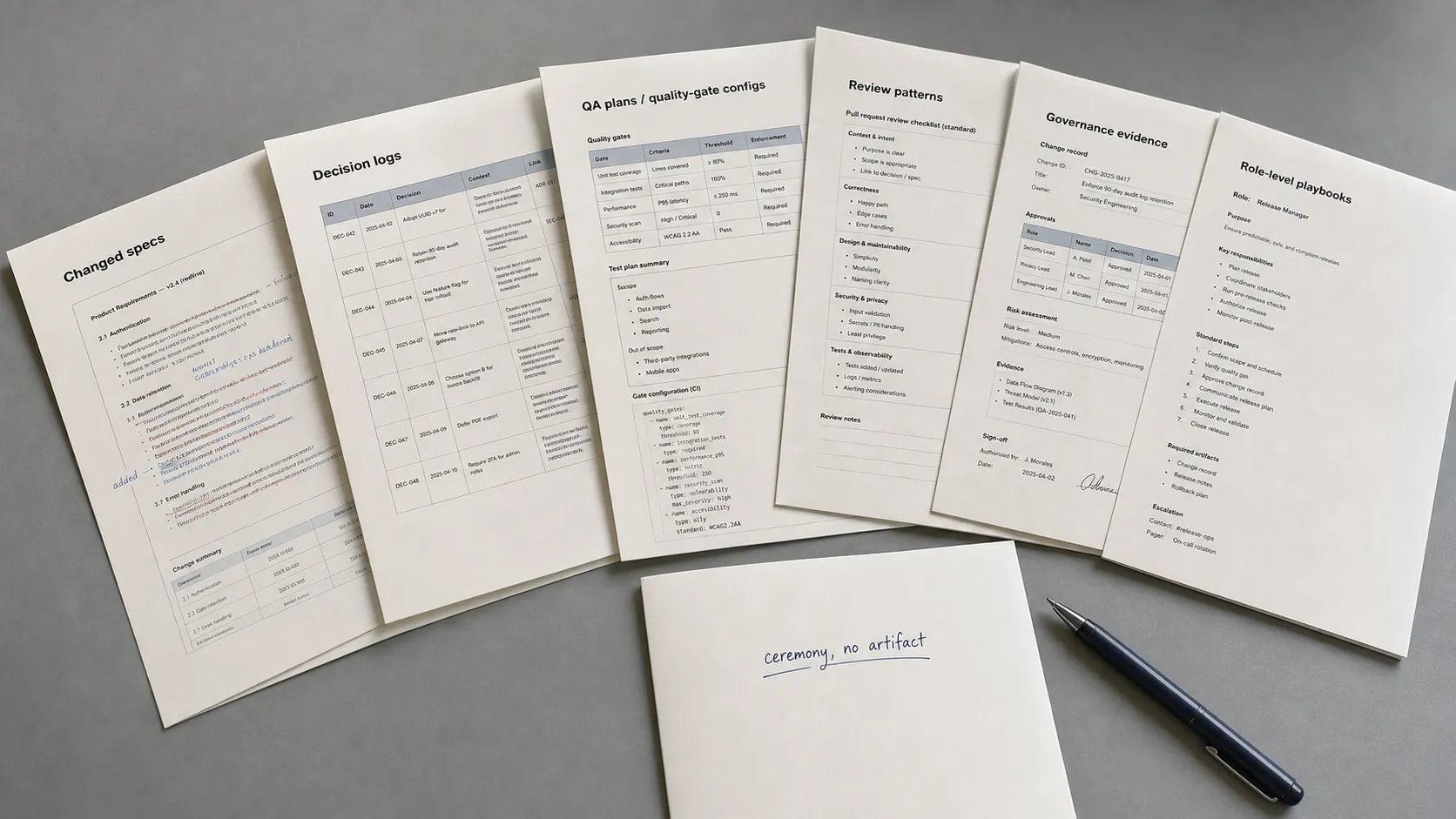 Six labelled delivery-artifact documents fanned across a desk for audit, the six durable-artifact classes of the artifact test, beside one blank 'ceremony, no artifact' page.