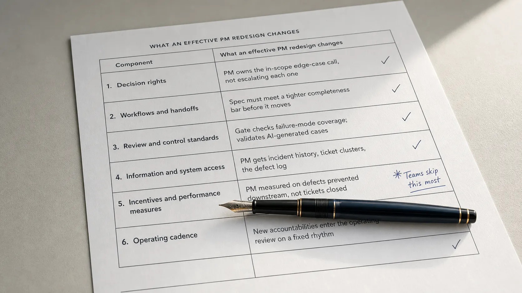 A six-row PM redesign worksheet on a desk mapping each operating-model component to its change, with a fountain pen resting across the incentives row marked teams skip this most