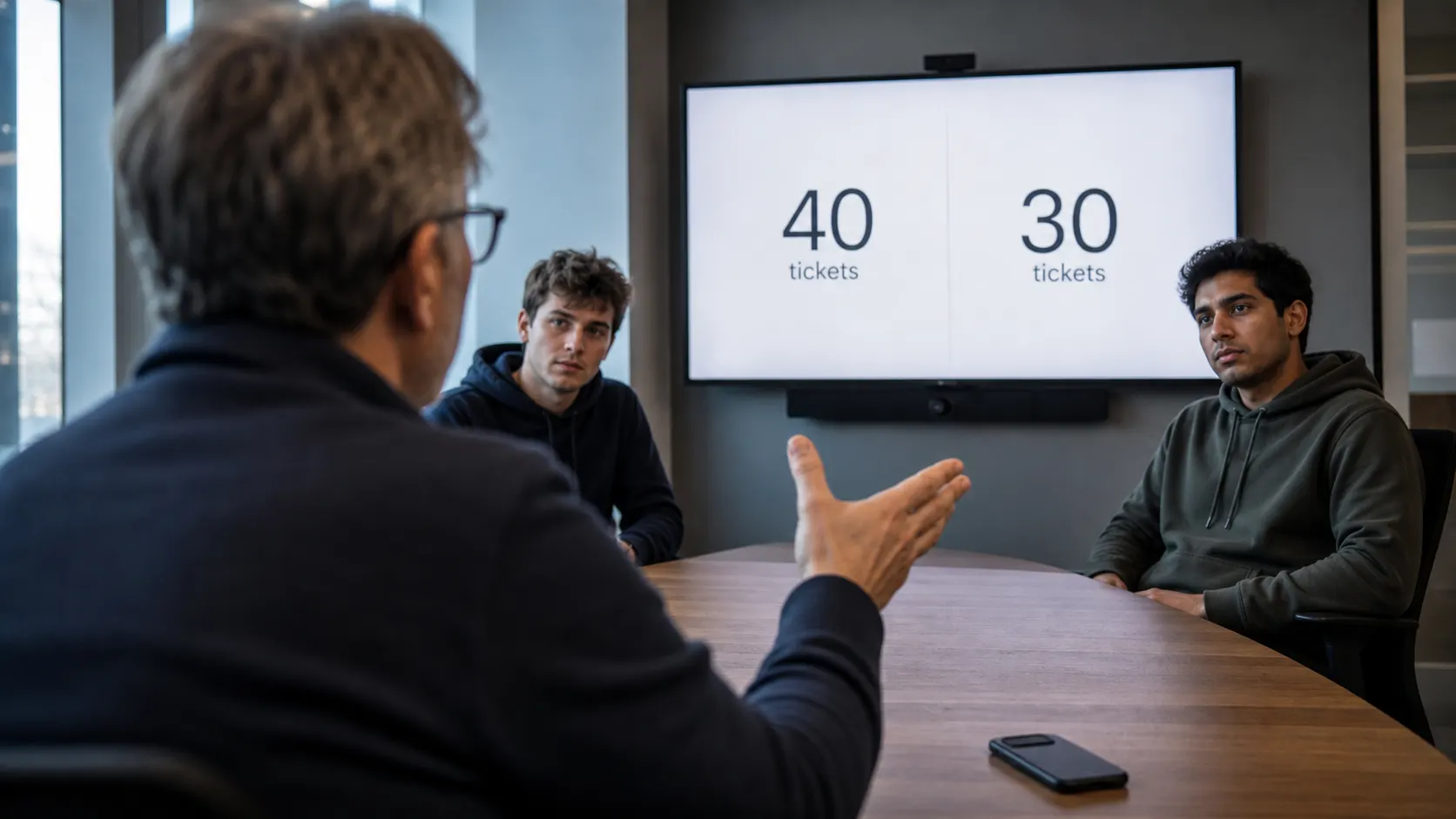 A promotion review meeting over a senior engineer's shoulder, two juniors across the table and a shared screen comparing 40 tickets to 30 tickets, output and capability pointing opposite ways
