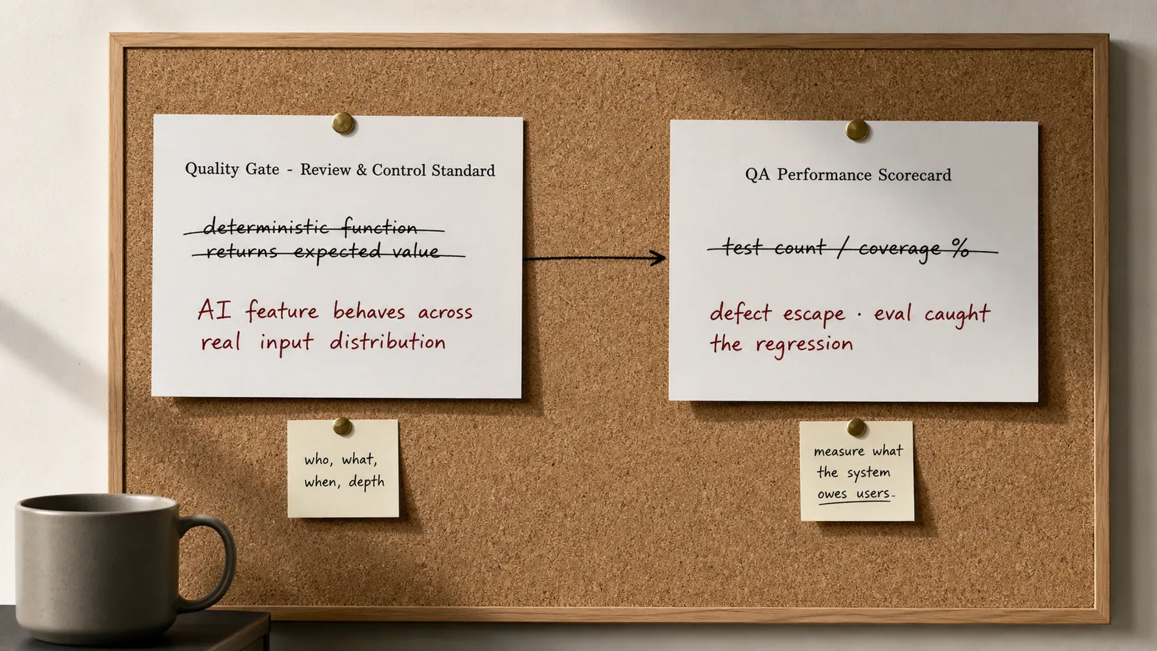A quality-gate control standard and a QA performance scorecard side by side, the old deterministic-checks and test-count lines crossed out and validated-behavior and defect-escape written in.