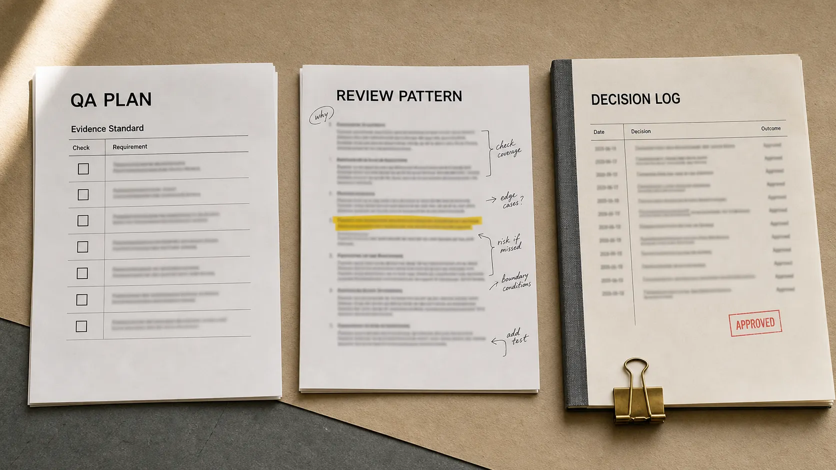 An overhead flat-lay of a QA plan, a marked-up review pattern, and an approved decision log: the inspectable artifacts a verification system produces