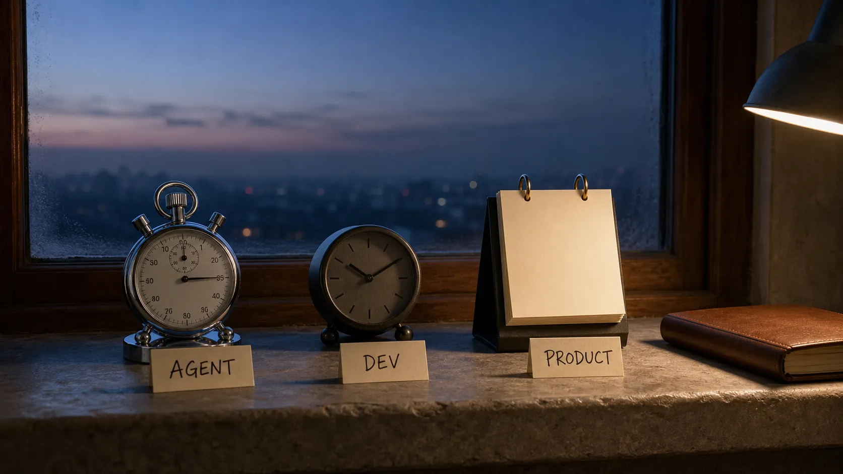Three timers on a windowsill: a stopwatch tagged AGENT, a desk clock tagged DEV, and a tear-off calendar tagged PRODUCT.
