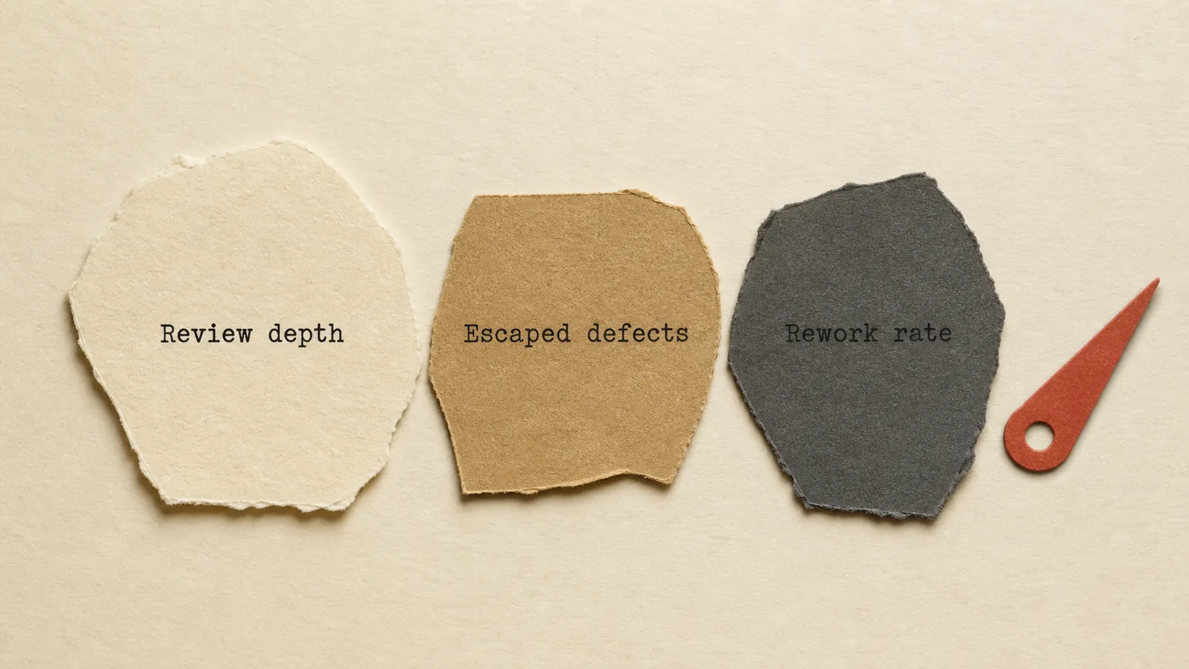 A hand-cut paper collage of three verification measures laid side by side and labelled Review depth, Escaped defects, and Rework rate, with a small terracotta instrument-marker cutout beside them