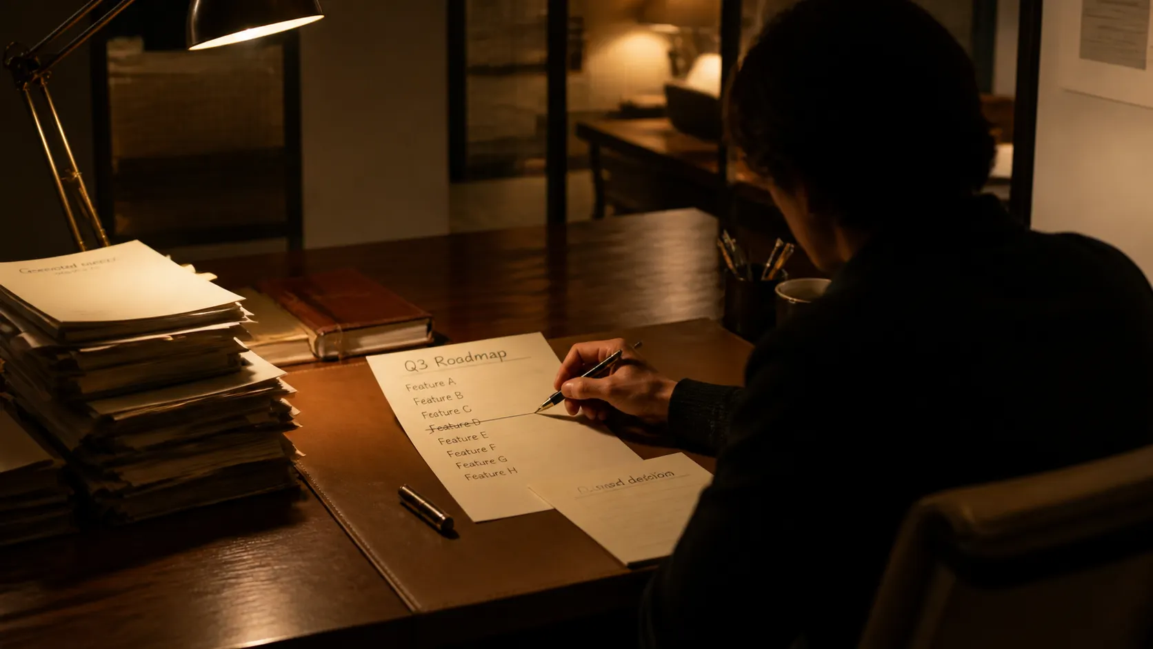A product manager cutting a feature from a roadmap by hand, a stack of generated documents beside them and one owned decision in front: the judgment act that reprices upward.