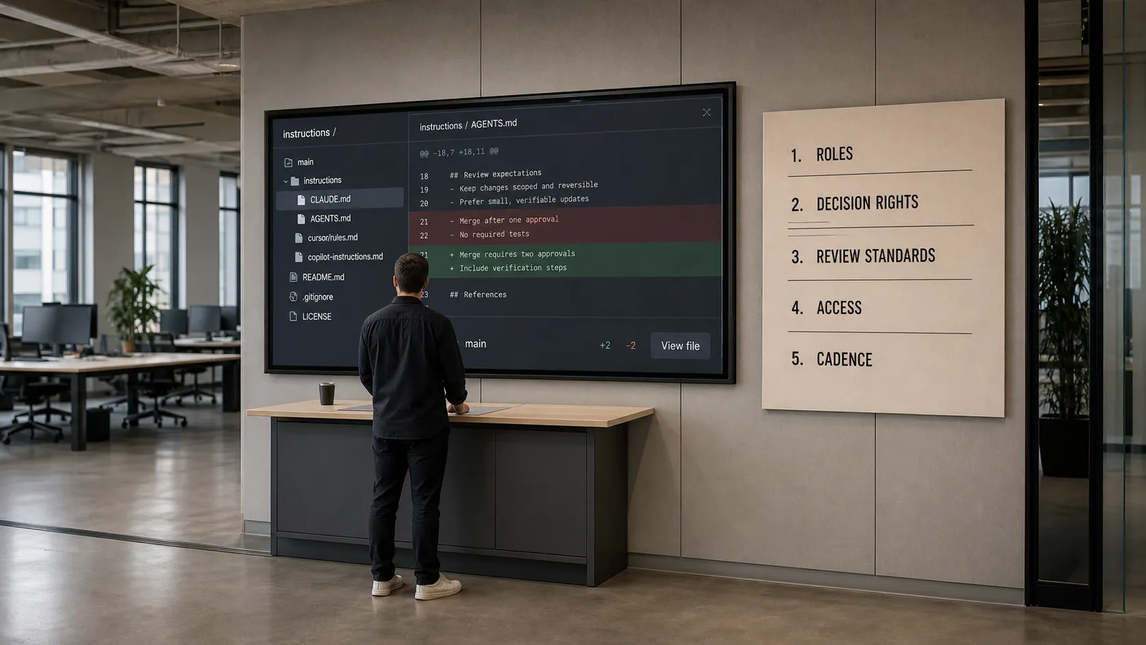 Wide engineering-office interior with a figure at a review station; a wall display shows the instruction file in version control and a panel lists operating-model components ROLES, DECISION RIGHTS, REVIEW STANDARDS, ACCESS, CADENCE