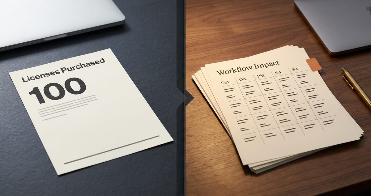Side-by-side dashboards, a sparse "Licenses Purchased / 100" page beside a thicker "Workflow Impact" report, contrasting procurement with transformation.