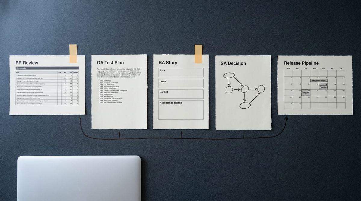 Five printed software-delivery role artifacts in a row: a PR review card with a file diff table, a QA test plan, a BA story template, an SA decision flow diagram, and a release pipeline