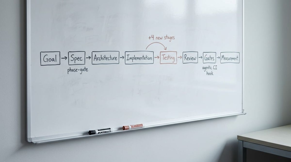 Eight printed engineering documents labeled with the SDLC stages Goal, Spec, Architecture, Implementation, Testing, Review, Gates, and Measurement, connected by a thin line.