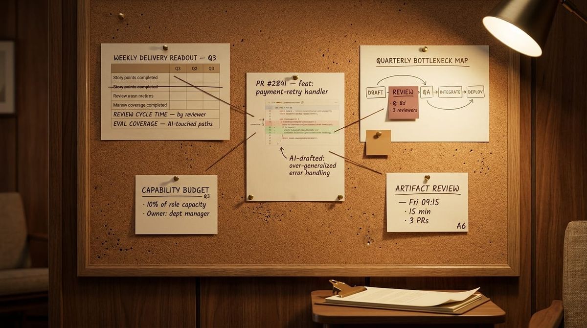 A wall board pinned with a manager's weekly cadence artifacts: a delivery readout swapping story points for review cycle time, a marked-up pull request, a bottleneck map flagging an 8-day