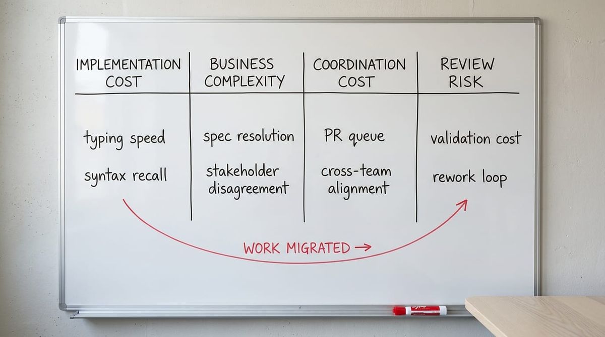 A hand-annotated decomposition diagram showing the four components of delivery cost as labeled zones: implementation cost, business complexity, coordination cost, review risk.