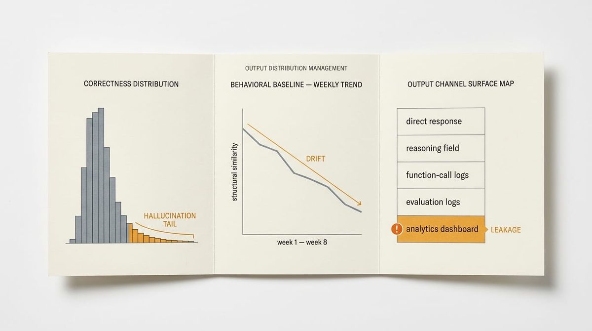 Three-panel editorial dashboard under an OUTPUT DISTRIBUTION MANAGEMENT header: histogram with hallucination tail, weekly trend chart marked DRIFT, and output-channel map with a LEAKAGE…