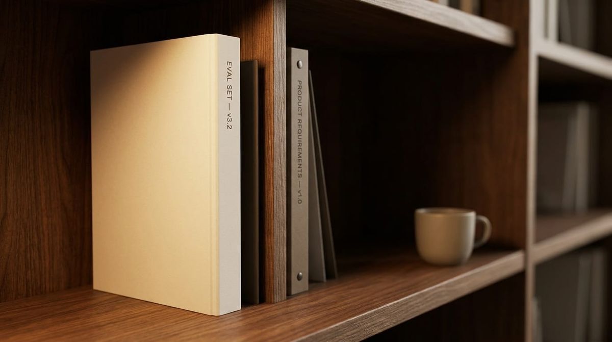 An eval-set binder labeled "EVAL SET v3.2" stands foregrounded on a walnut bookshelf beside a recessed PRD ring-binder labeled "PRODUCT REQUIREMENTS v1.0".