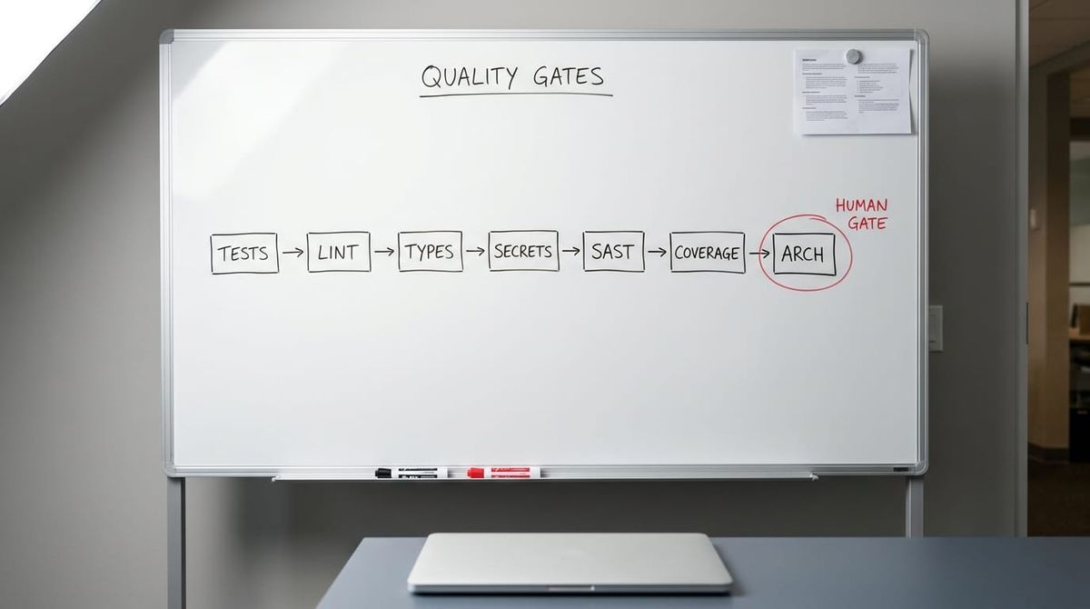 Whiteboard flow diagram of seven "Quality Gates" in order: Tests, Lint, Types, Secrets, SAST, Coverage, Arch, with Arch circled as the "Human Gate".