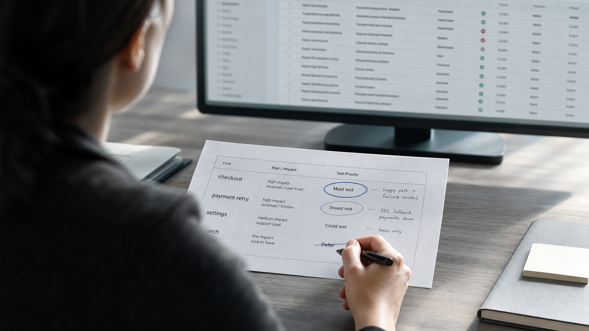 A QA practitioner seen over the shoulder marks up a printed priority sheet, deciding which product flows are worth testing, while a long generated test suite sits defocused on the monitor…