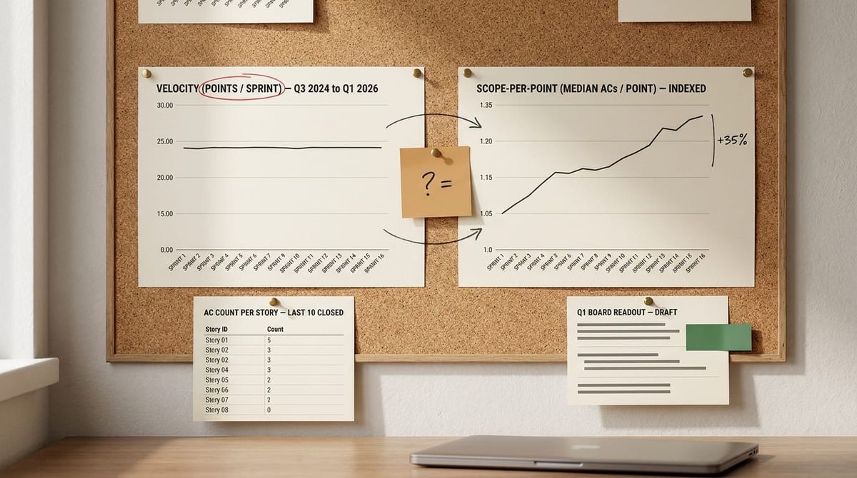 A CTO's analytical cork board pinned with two anchor charts side-by-side: a flat velocity line over 16 sprints next to a clearly rising scope-per-point line, connected by a sticky-note…