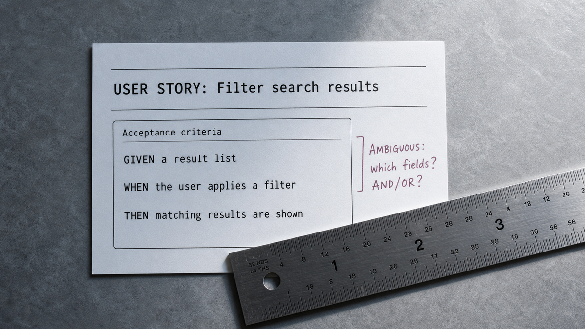 A user-story requirement card on a slate desk showing Given/When/Then acceptance criteria with one ambiguity flagged in the margin, a steel ruler laid across it for testability