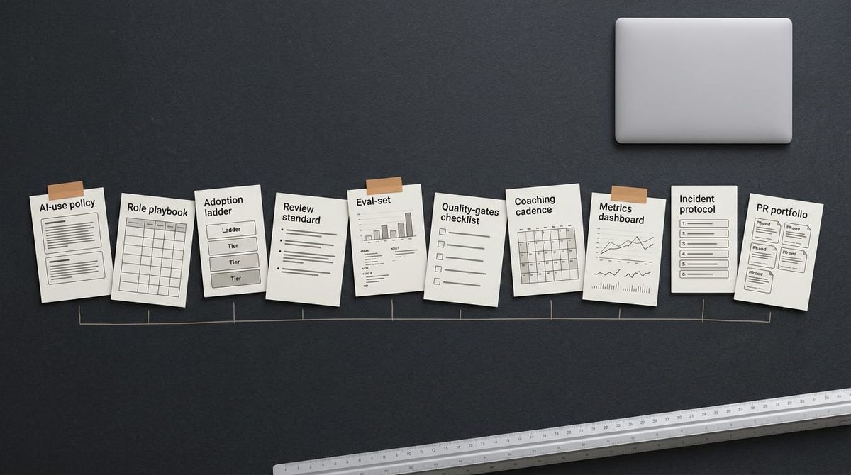 Ten labeled component documents - AI-use policy, role playbook, adoption ladder, review standard, eval-set, quality-gates checklist, coaching cadence, metrics dashboard, incident protocol,…