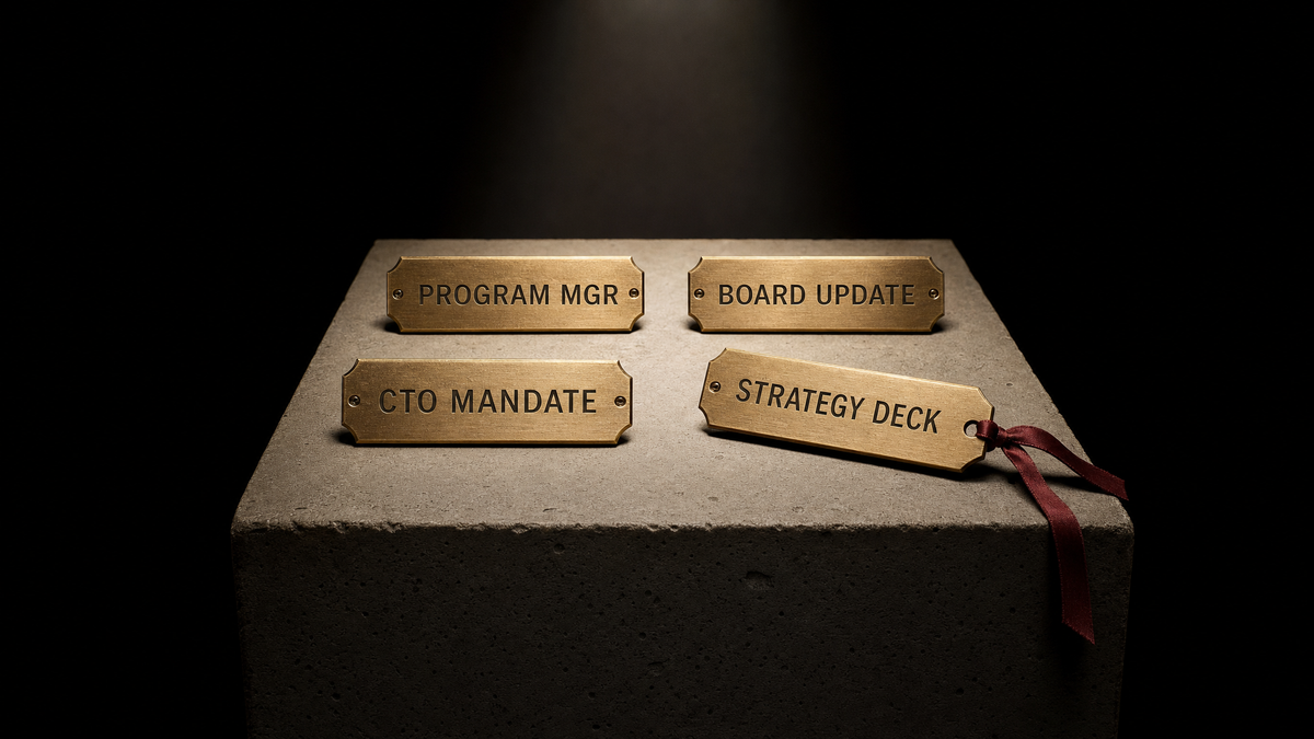 Four brass nameplates in a 2x2 grid: Program Mgr, Board Update, CTO Mandate, Strategy Deck, with Strategy Deck displaced forward and tilted off the grid.