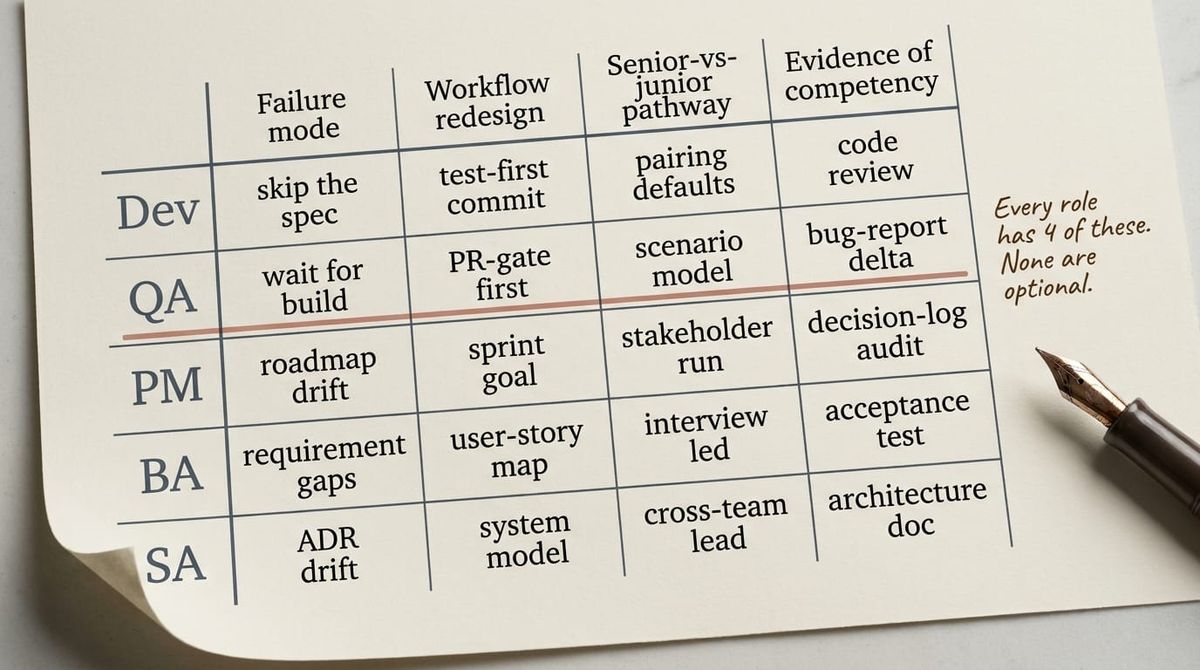 Five paper artifacts from AI delivery roles: a PR Intent card, Test Plan booklet, Meeting Summary with a "Still Open" note, Stakeholder Assumptions notepad, and ADR-007 record.