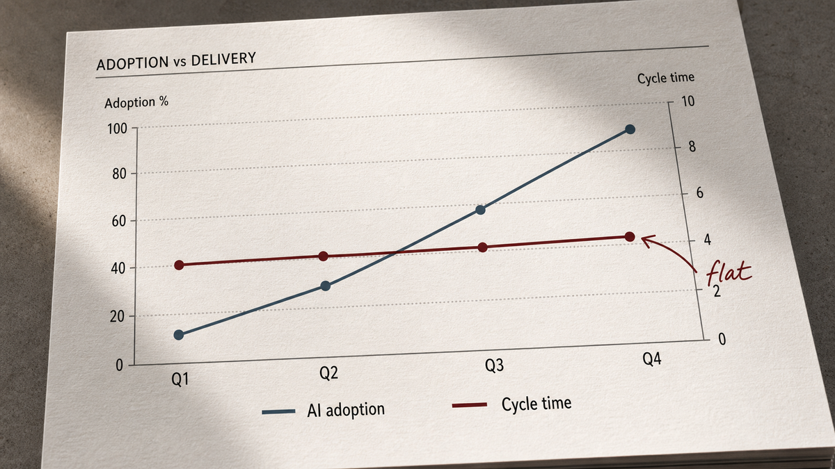 A printed dashboard chart where the AI-adoption line climbs toward ninety percent while the cycle-time line runs flat across the quarters, annotated "flat".