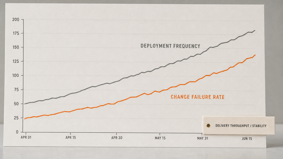 Editorial line chart showing deployment frequency and change failure rate both rising together across one quarter on a single shared axis