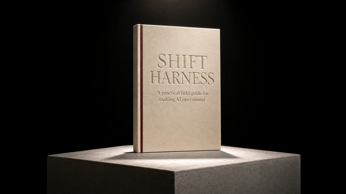 A printed field guide titled Shift Harness, the single definitional reference object behind every mention of the name.