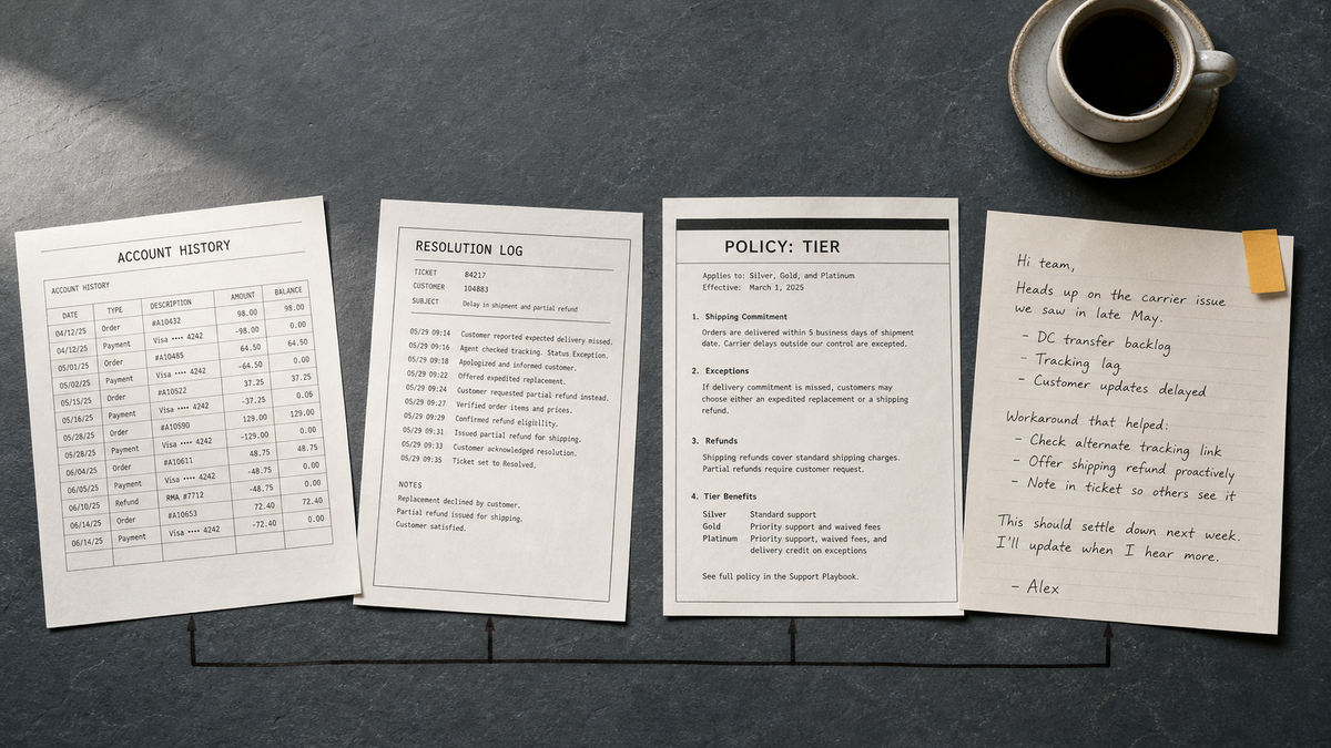 A curated, owned system of record: four labeled documents a support agent reads, Account History, Resolution Log, Policy Tier, and a Known Issue note, laid out and connected by a thin ink…