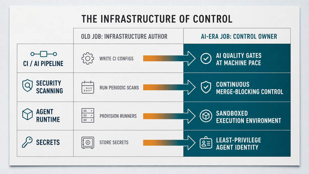 Control-surface comparison board mapping the four DevOps surfaces (CI/AI pipeline, security scanning, agent runtime, secrets) from the old infrastructure-author job to the AI-era…