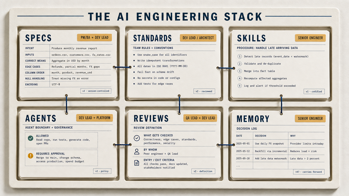 A labeled six-slot rack showing the AI engineering stack as six distinct authored artifacts, Specs, Standards, Skills, Agents, Reviews, and Memory, each tagged with its owning delivery role.