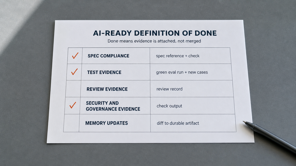 Printed one-page AI-ready Definition of Done acceptance standard with five named evidence clauses, two rows hand-checked in orange ink on a delivery lead's desk