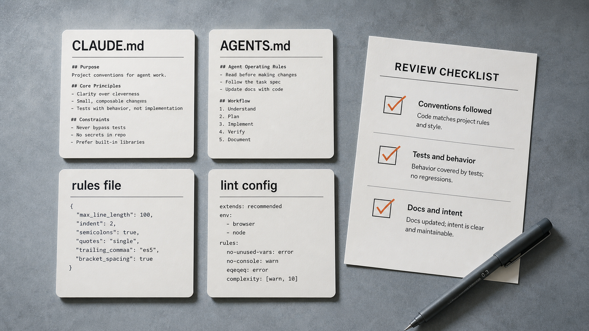Flat-lay of machine-loadable coding-standards files as labeled cards: CLAUDE.md, AGENTS.md, a rules file and a lint config beside a printed code-review checklist.