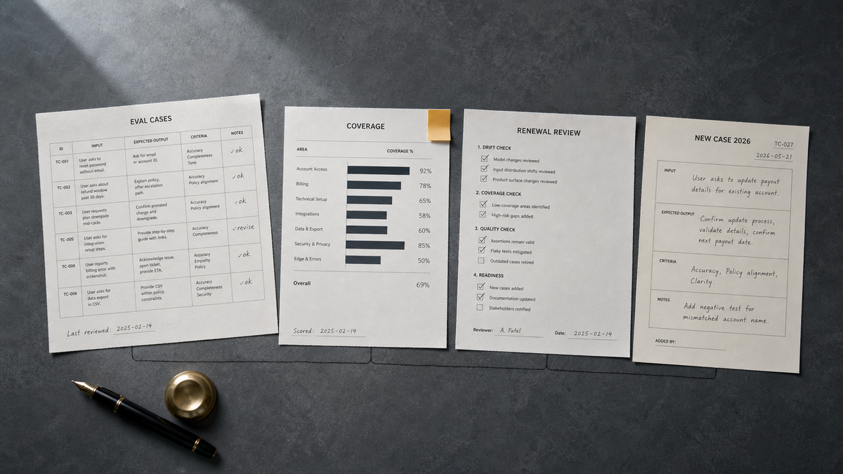 A row of printed AI eval test-case documents seen from above on a desk, one sheet annotated and dated, a freshly renewed sheet entering the frame beside it