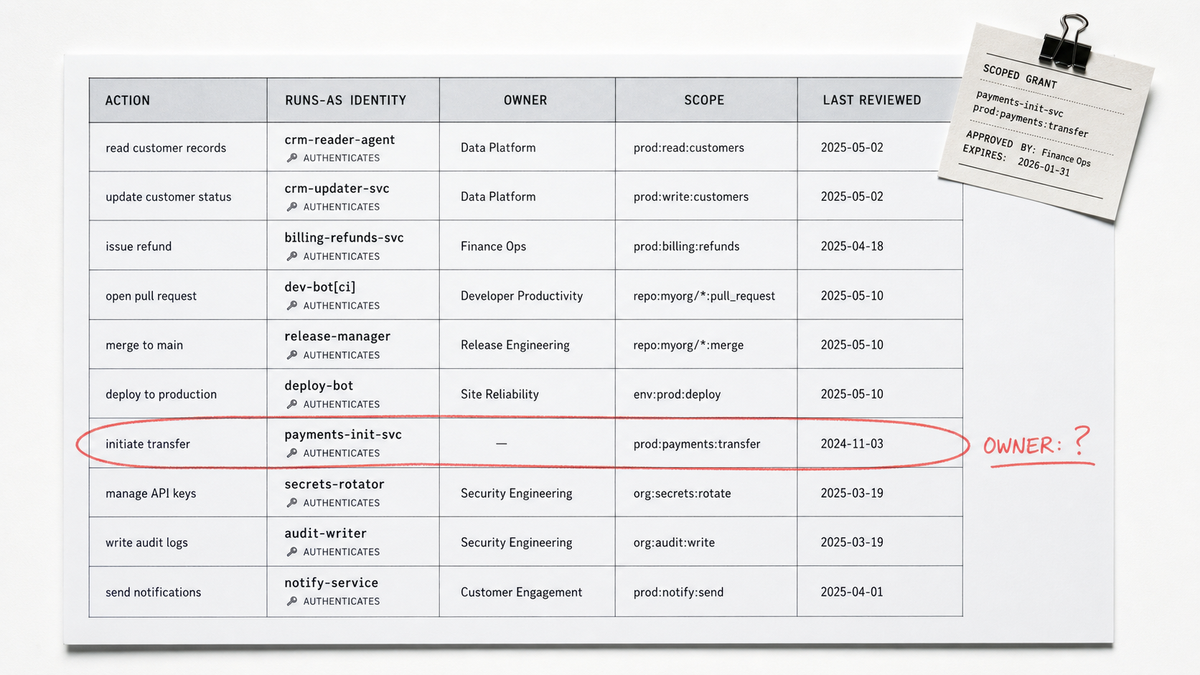 An agent-authority inventory register with action, runs-as identity, owner, and scope columns; one row flagged owner-unknown and the credential shown as an authenticating stamp, not an…
