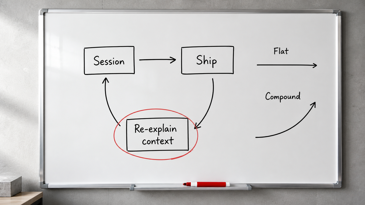 A developer workstation where the same project-instruction file is handed again to a fresh AI coding session, showing the recurring context cost