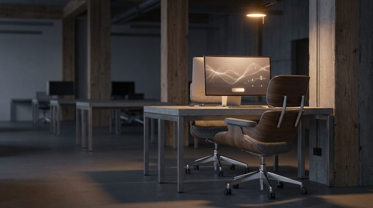 A single illuminated office chair pulled to a desk with a glowing monitor at the center of a wider, dimmer empty open-plan office; warm pendant light overhead - the one named seat at the…