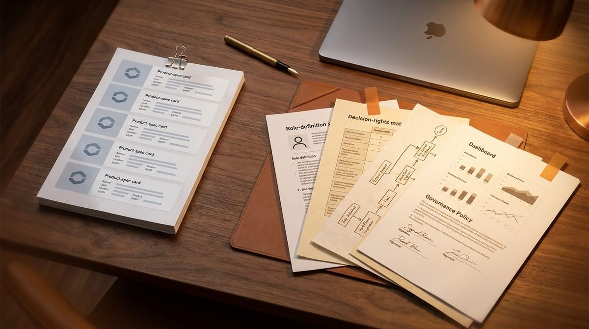 A binder-clipped column of identical product-spec cards beside a fanned stack of five labeled operating-model documents: role definition, decision-rights matrix, workflow, dashboard, and