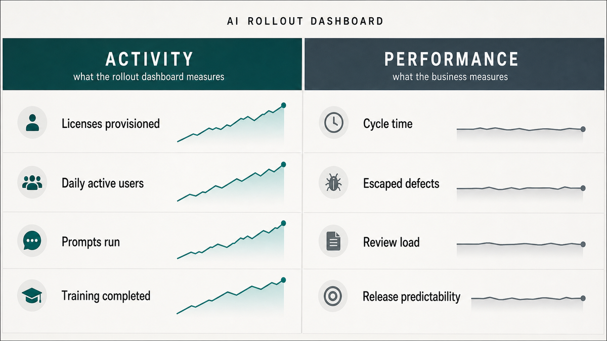 An AI rollout dashboard with a rising Activity column beside a flat Performance column: usage climbs while cycle time and escaped defects stay level