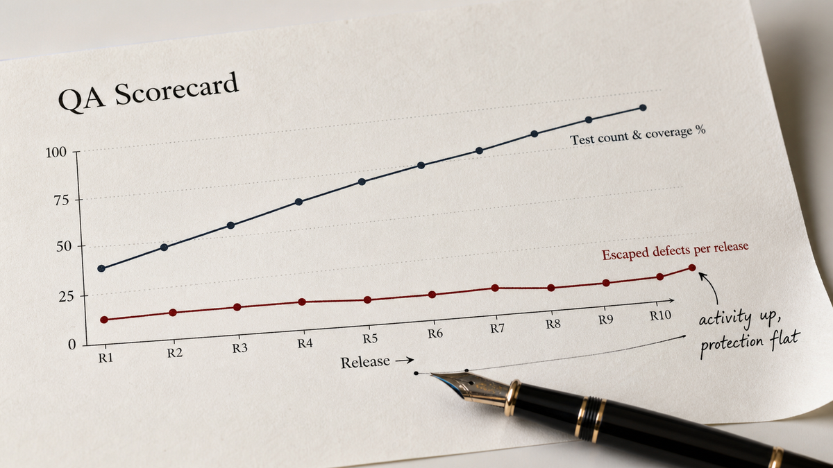 A printed QA review scorecard, hand-annotated in pen: a test-count column trending up beside an escaped-defects column that stays flat or worse release over release.