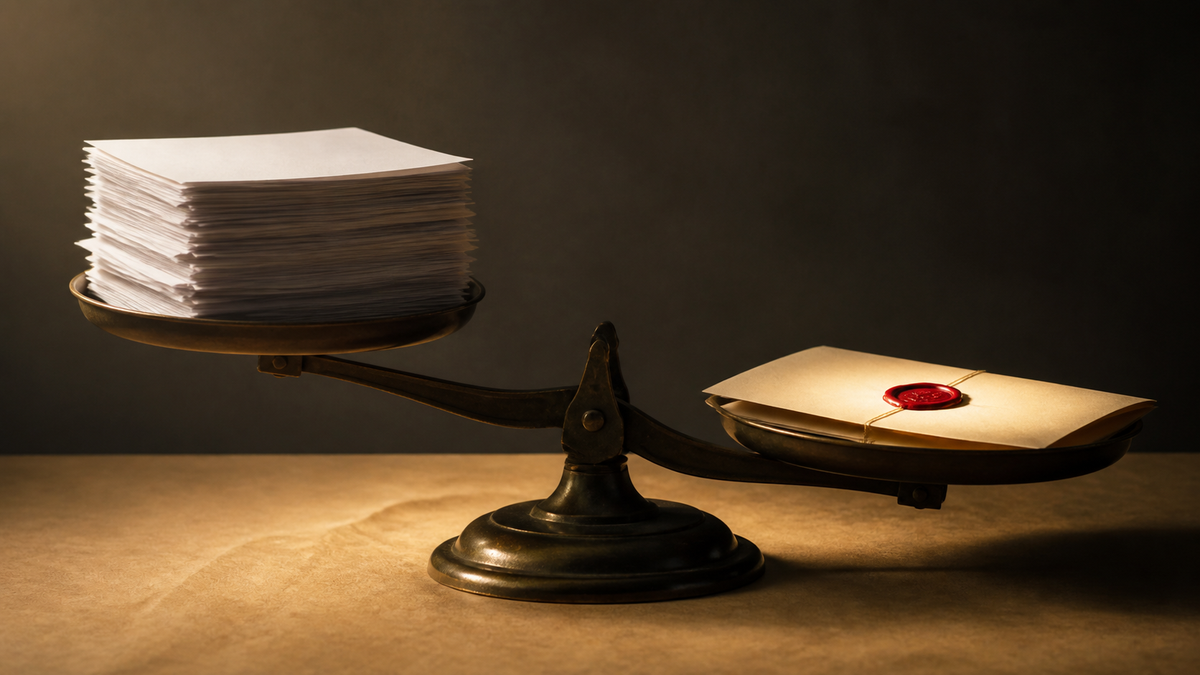 A balance scale tipping toward one wax-sealed document over a tall stack of generated sheets: trusted output outweighs abundant generated output