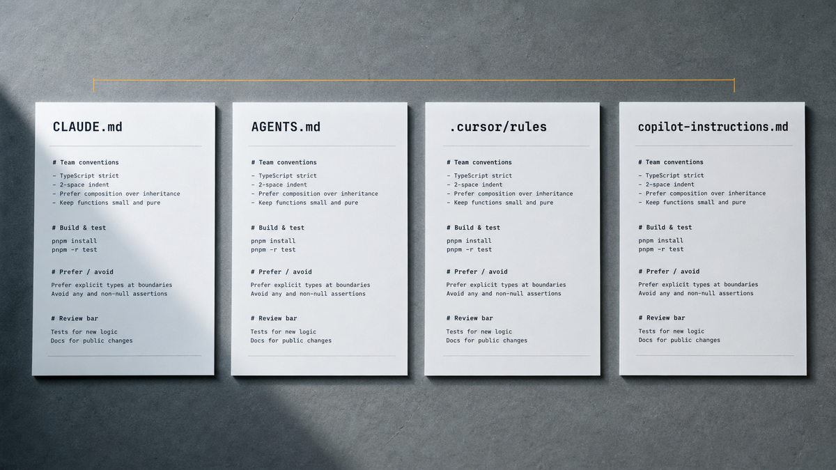 Top-down flat-lay of four printed plain-text instruction-file specimens labelled CLAUDE.md, AGENTS.md, .cursor/rules, and copilot-instructions.md, grouped as one artifact class on a cool…