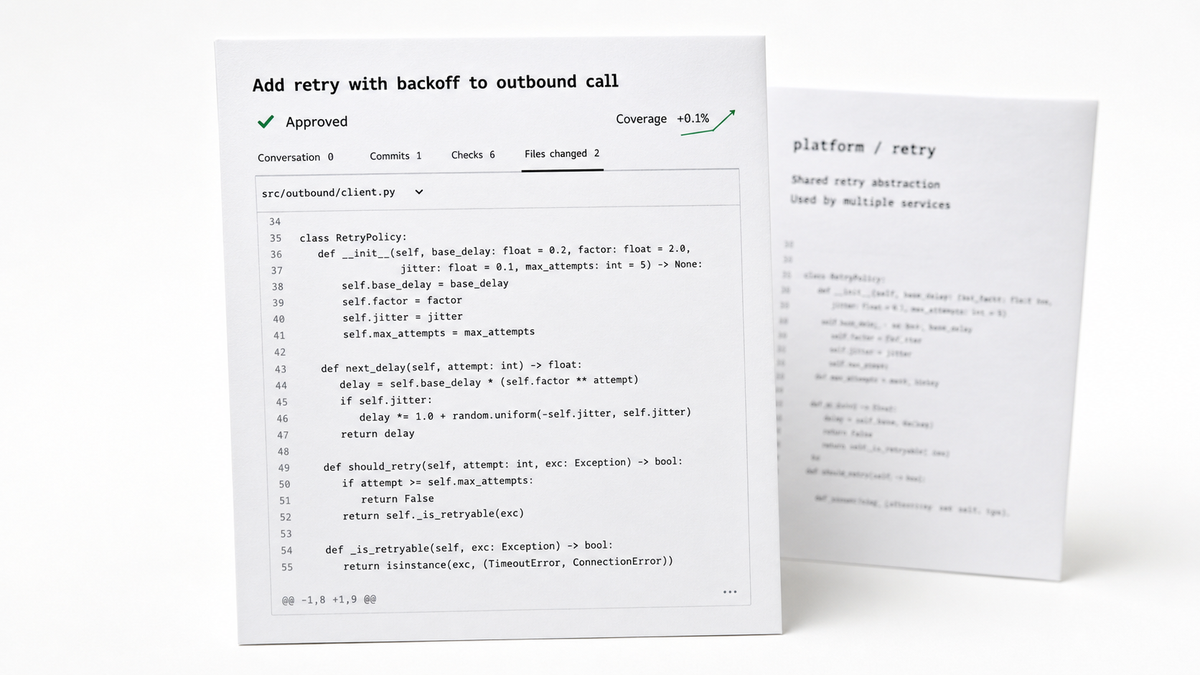 A printed pull-request page titled 'Add retry with backoff to outbound call', marked Approved with coverage up a tenth of a point and its RetryPolicy class listed in full, standing in front…