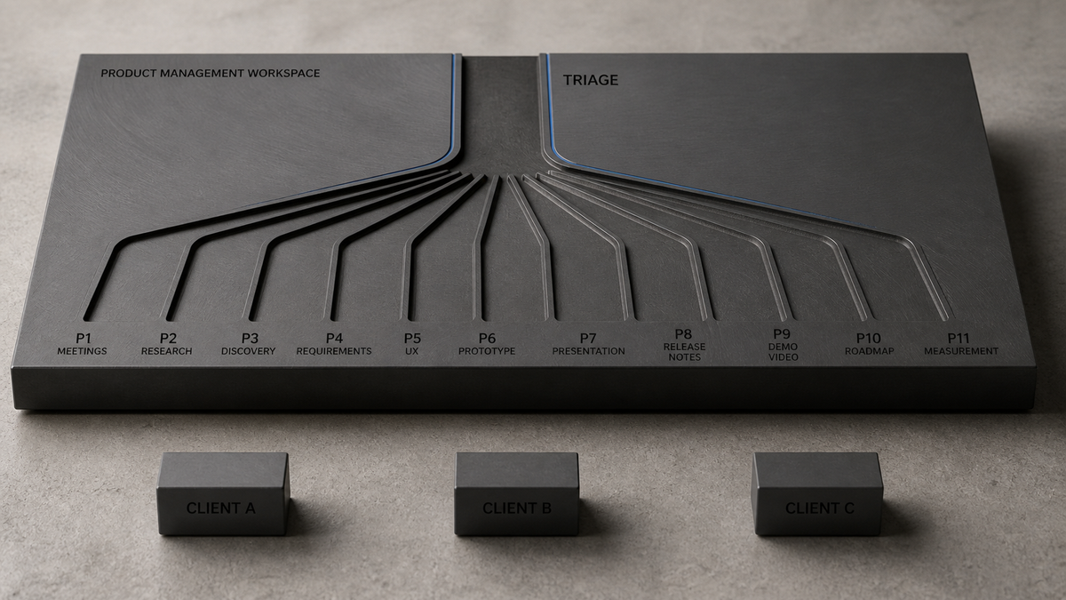 A machined graphite slab rests on concrete: one wide channel labelled TRIAGE divides into eleven milled channels ending at printed labels, P1 Meetings through P11 Measurement, while three…