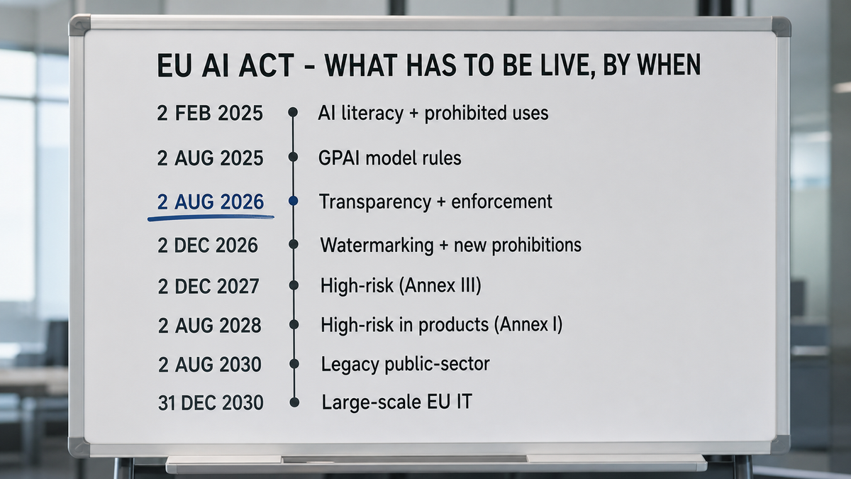 A whiteboard mapping the EU AI Act as a dated implementation timeline: eight milestones from AI literacy in Feb 2025 to large-scale EU IT systems in Dec 2030, 2 August 2026 underlined in…