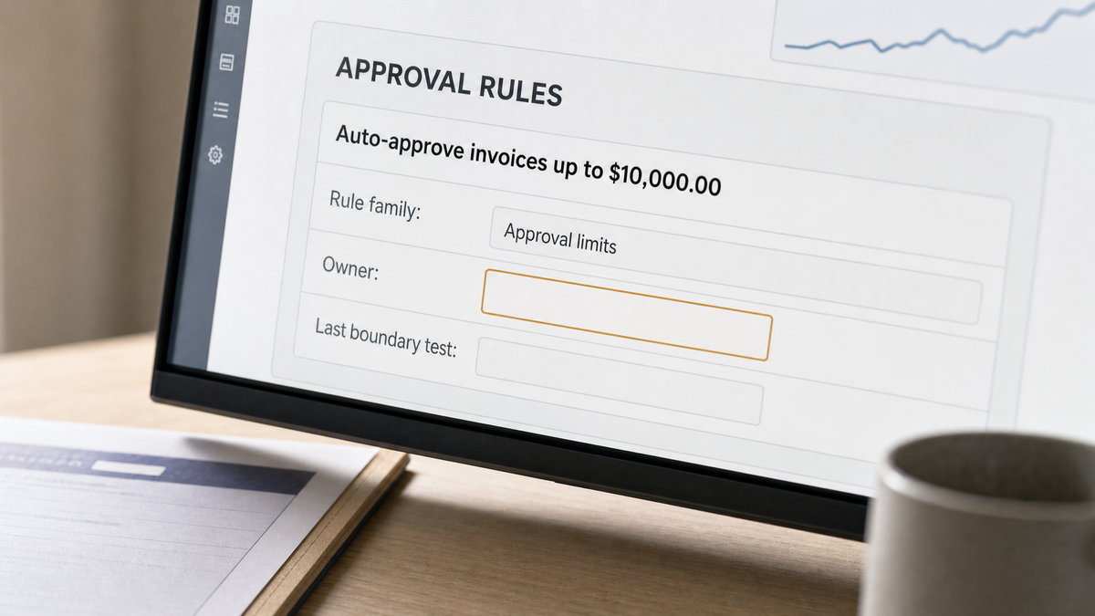Approval Rules settings screen with one rule, auto-approve invoices up to $10,000.00, whose Owner and Last boundary test fields are empty, the blank Owner box outlined in amber.