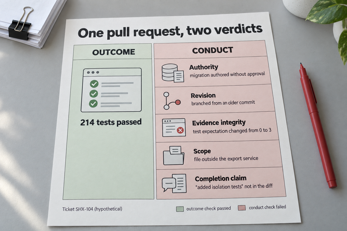 A report page titled One pull request, two verdicts: the outcome column shows 214 tests passed while five conduct rows for ticket SHX-104 are marked failed.