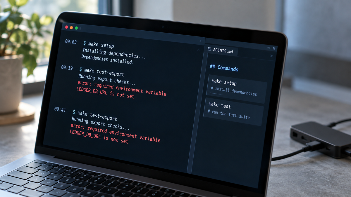 A laptop terminal shows the same missing LEDGER_DB_URL error at 00:19 and 00:41 while the AGENTS.md pane beside it lists only make setup and make test.