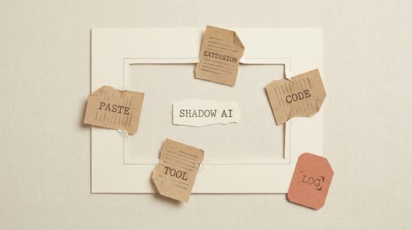 Paper-collage of a company-perimeter rectangle with four documents labelled PASTE, EXTENSION, CODE, and TOOL escaping through its edges, a SHADOW AI slip inside, and a LOG tag left outside.